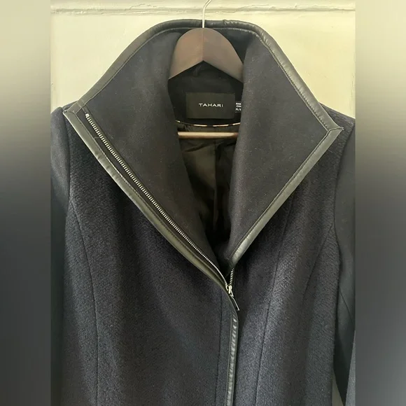 NWT Tahari Elaine Navy Blue Belted Wool Coat with Faux Leather Trim - Picture 7 of 11